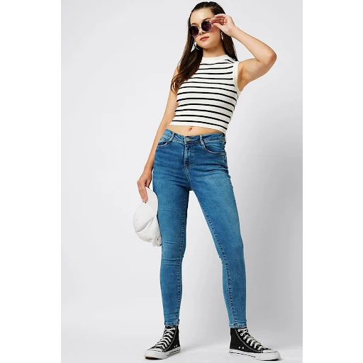 Kraus White Stripe Casual Sleeveless Crew Neck Women Slim Fit Tank Top